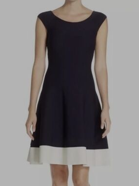 Eliza J Navy Fit-and-Flare Midi Dress with Ivory Hem Size 6